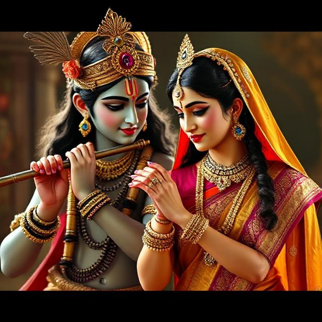 “Charming image of Radha Krishna in traditional clothes, Krishna with flute in hand and Radha gazing at him with pure devotion.”