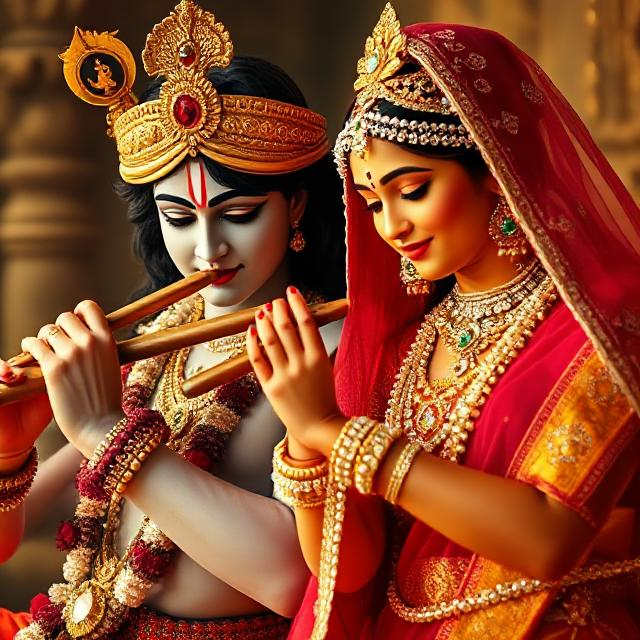 “Radha Krishna in divine attire, standing gracefully with Krishna playing the flute and Radha smiling with love – a serene glimpse of devotion.”