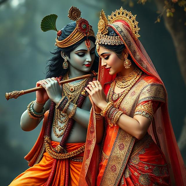 30+ Radha Krishna Photo Love 25 “Beautiful Radha Krishna standing together with divine expressions, Krishna holding a flute and Radha beside him in a graceful pose – a perfect glimpse of eternal love.”