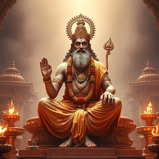 In this photo, Brihaspati Dev is sitting in his asana posture. In which he has a weapon in his hand and divine energy is emanating from his face.
