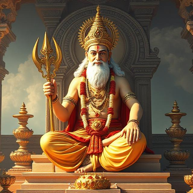 In this photo, Brihaspati Dev is sitting in his asana posture. In which he has a weapon in his hand and divine energy is emanating from his face.