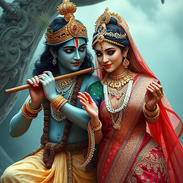 “Charming image of Radha Krishna in traditional clothes, Krishna with flute in hand and Radha gazing at him with pure devotion.”