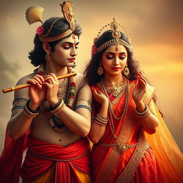 30+ Radha Krishna Photo Love 11 “Beautiful Radha Krishna standing together with divine expressions, Krishna holding a flute and Radha beside him in a graceful pose – a perfect glimpse of eternal love.”