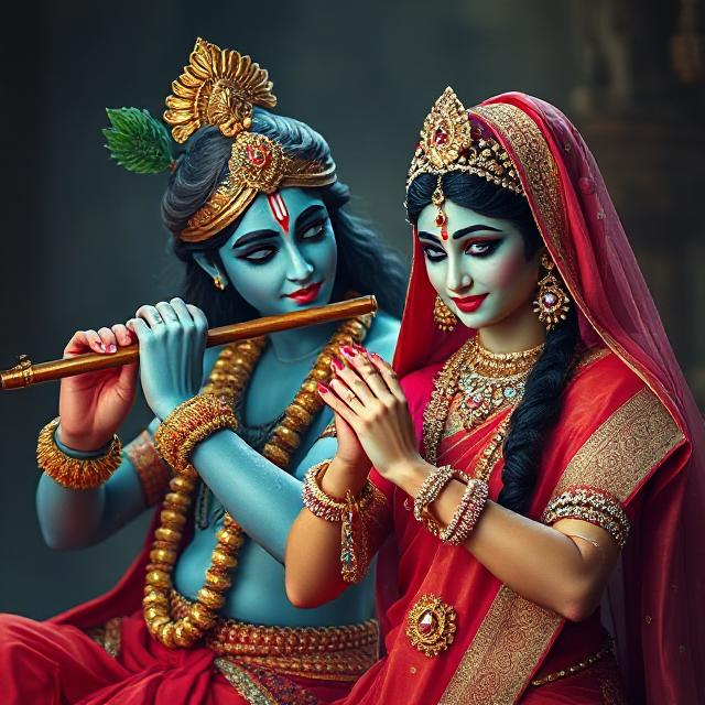 “Beautiful Radha Krishna standing together with divine expressions, Krishna holding a flute and Radha beside him in a graceful pose – a perfect glimpse of eternal love.”