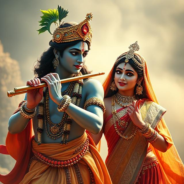 “Charming image of Radha Krishna in traditional clothes, Krishna with flute in hand and Radha gazing at him with pure devotion.”