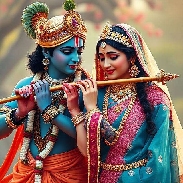 “Radha Krishna in divine attire, standing gracefully with Krishna playing the flute and Radha smiling with love – a serene glimpse of devotion.”