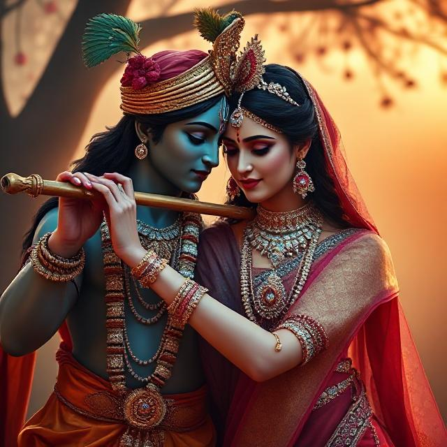 30+ Radha Krishna Photo Love 26 “Beautiful Radha Krishna standing together with divine expressions, Krishna holding a flute and Radha beside him in a graceful pose – a perfect glimpse of eternal love.”