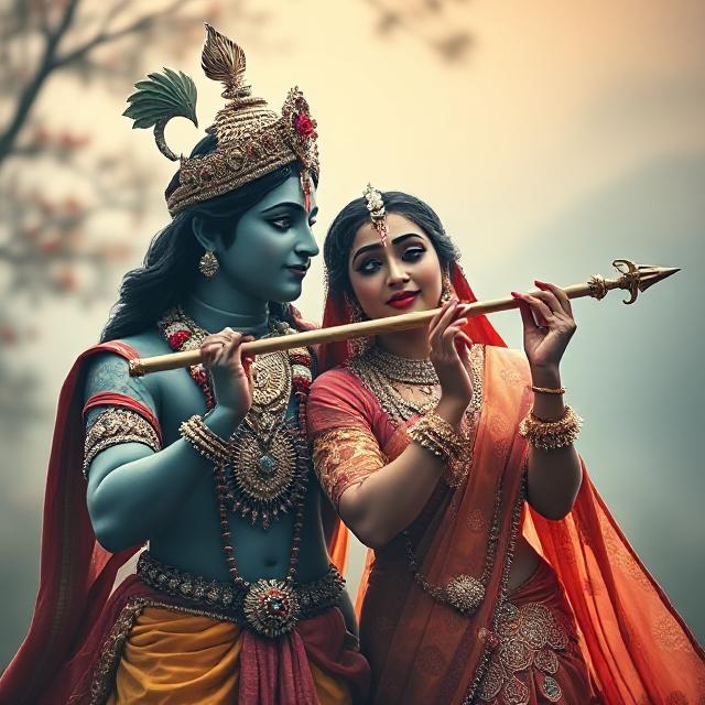 30+ Radha Krishna Photo Love 12 “Divine Radha Krishna HD image showing Krishna playing the flute while Radha stands beside him in a spiritual, peaceful posture.”