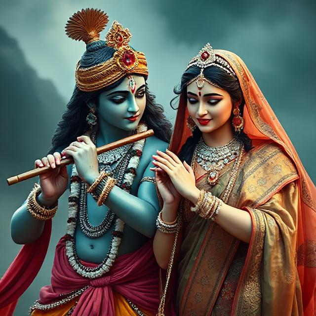 “Charming image of Radha Krishna in traditional clothes, Krishna with flute in hand and Radha gazing at him with pure devotion.”