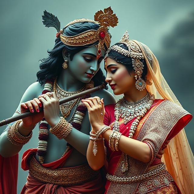 “Radha Krishna in divine attire, standing gracefully with Krishna playing the flute and Radha smiling with love – a serene glimpse of devotion.”