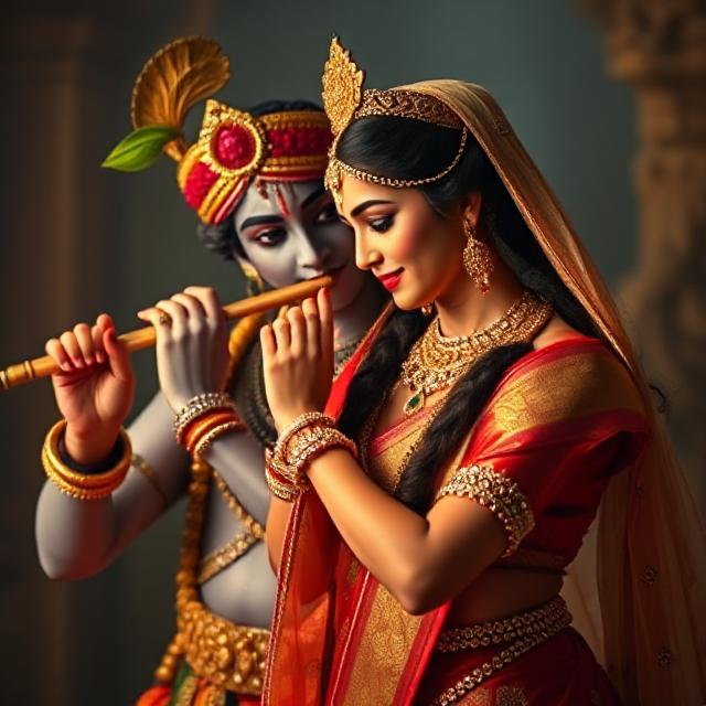 30+ Radha Krishna Photo Love 27 “Divine Radha Krishna HD image showing Krishna playing the flute while Radha stands beside him in a spiritual, peaceful posture.”