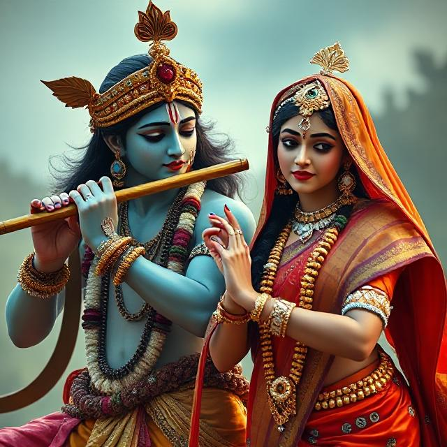 “Charming image of Radha Krishna in traditional clothes, Krishna with flute in hand and Radha gazing at him with pure devotion.”