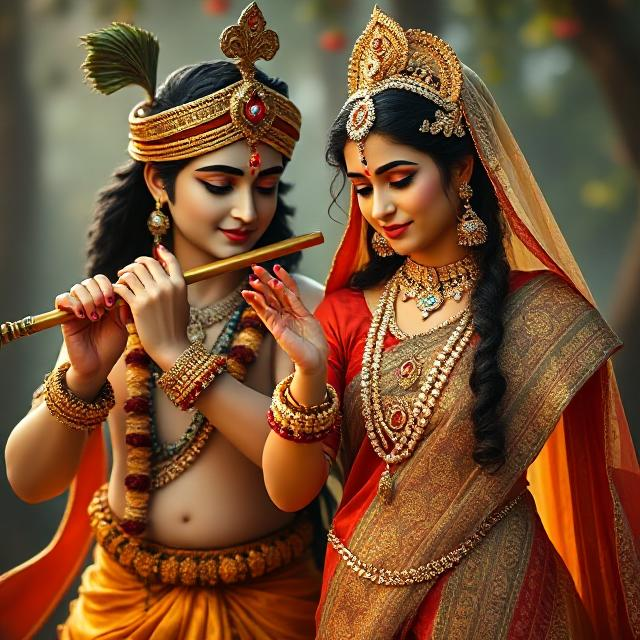 “Radha Krishna in divine attire, standing gracefully with Krishna playing the flute and Radha smiling with love – a serene glimpse of devotion.”