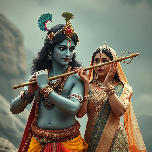 “Charming image of Radha Krishna in traditional clothes, Krishna with flute in hand and Radha gazing at him with pure devotion.”