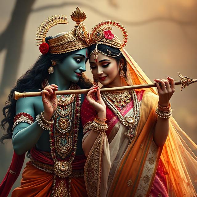 30+ Radha Krishna Photo Love 28 “Divine Radha Krishna HD image showing Krishna playing the flute while Radha stands beside him in a spiritual, peaceful posture.”