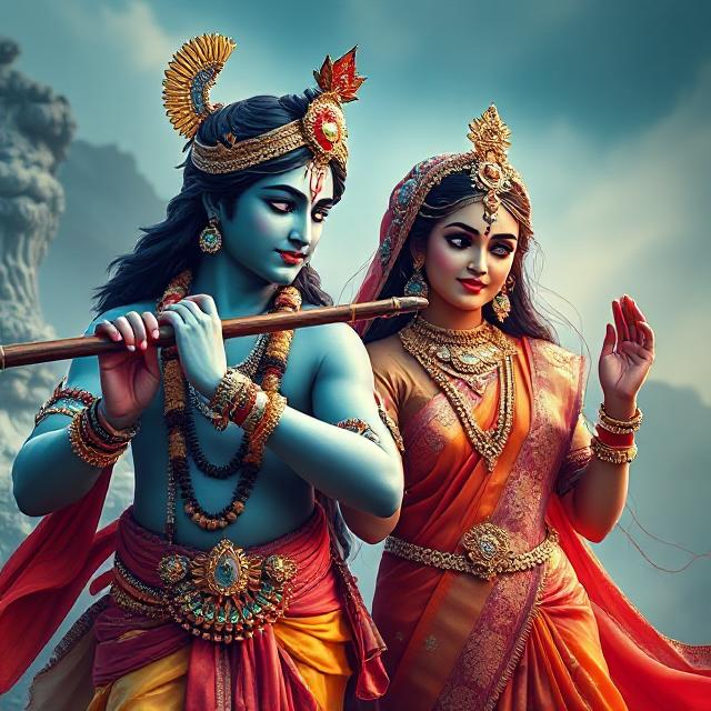 “Beautiful Radha Krishna standing together with divine expressions, Krishna holding a flute and Radha beside him in a graceful pose – a perfect glimpse of eternal love.”