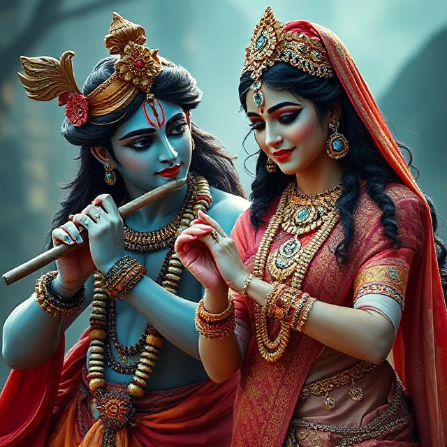“Charming image of Radha Krishna in traditional clothes, Krishna with flute in hand and Radha gazing at him with pure devotion.”