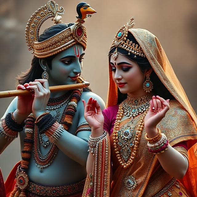 “Radha Krishna in divine attire, standing gracefully with Krishna playing the flute and Radha smiling with love – a serene glimpse of devotion.”
