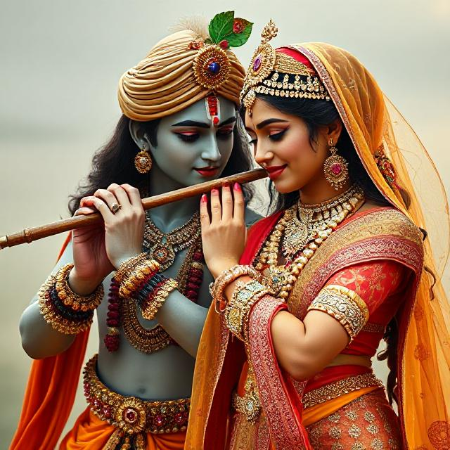 30+ Radha Krishna Photo Love 14 “Divine Radha Krishna HD image showing Krishna playing the flute while Radha stands beside him in a spiritual, peaceful posture.”