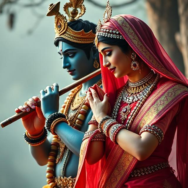 “Charming image of Radha Krishna in traditional clothes, Krishna with flute in hand and Radha gazing at him with pure devotion.”