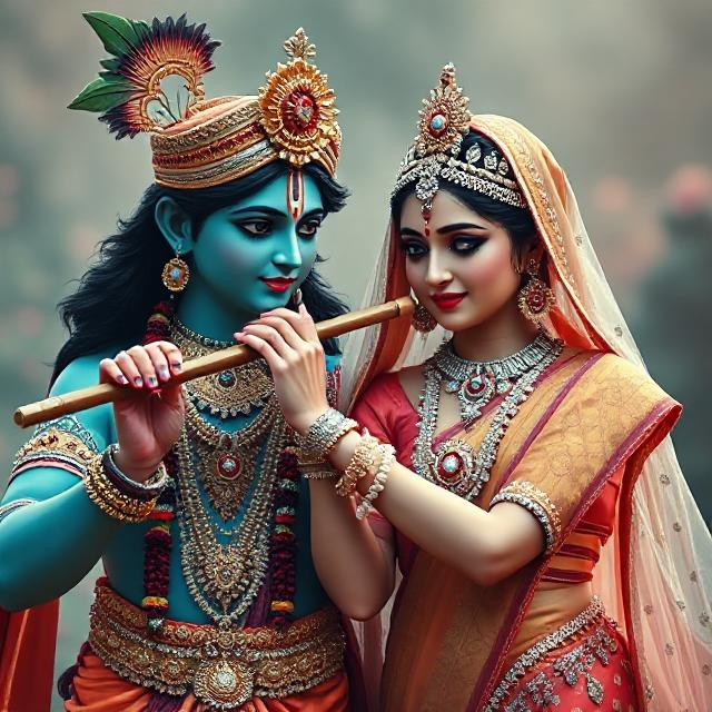 “Radha Krishna in divine attire, standing gracefully with Krishna playing the flute and Radha smiling with love – a serene glimpse of devotion.”