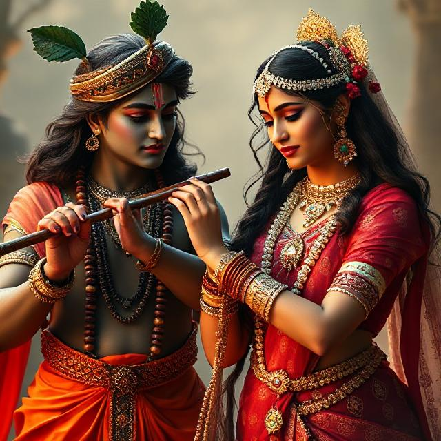30+ Radha Krishna Photo Love 29 “Divine Radha Krishna HD image showing Krishna playing the flute while Radha stands beside him in a spiritual, peaceful posture.”