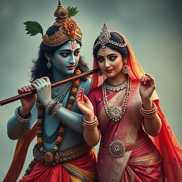 “Charming image of Radha Krishna in traditional clothes, Krishna with flute in hand and Radha gazing at him with pure devotion.”