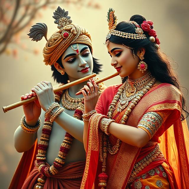 “Radha Krishna in divine attire, standing gracefully with Krishna playing the flute and Radha smiling with love – a serene glimpse of devotion.”