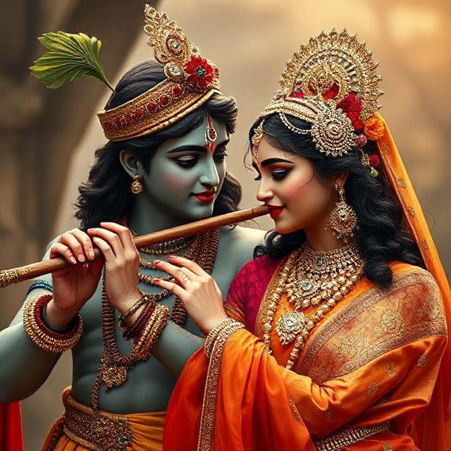 30+ Radha Krishna Photo Love 15 “Divine Radha Krishna HD image showing Krishna playing the flute while Radha stands beside him in a spiritual, peaceful posture.”