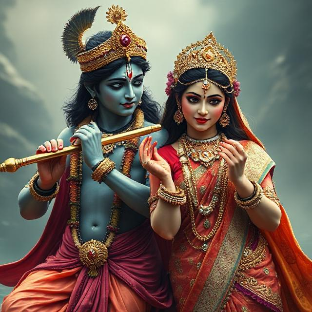 “Beautiful Radha Krishna standing together with divine expressions, Krishna holding a flute and Radha beside him in a graceful pose – a perfect glimpse of eternal love.”
