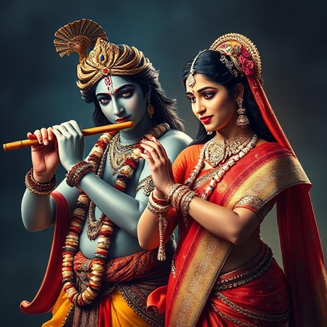 “Radha Krishna in divine attire, standing gracefully with Krishna playing the flute and Radha smiling with love – a serene glimpse of devotion.”