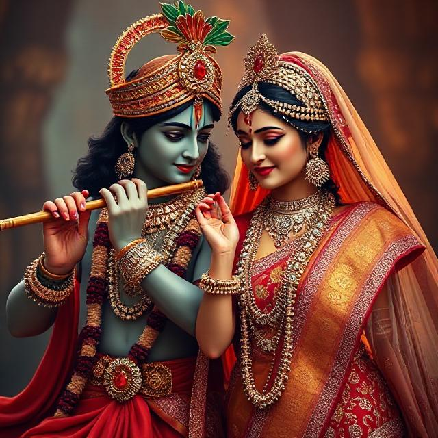 “Divine Radha Krishna HD image showing Krishna playing the flute while Radha stands beside him in a spiritual, peaceful posture.”