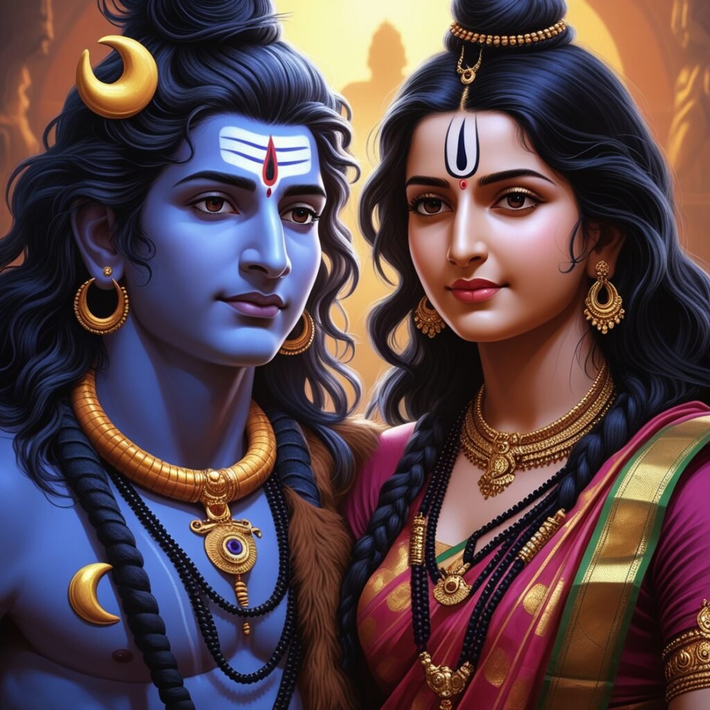Shiv Parvati images depicting the divine union of Lord Shiva and Goddess Parvati, symbolizing eternal love, cosmic balance, and spiritual harmony. The image radiates peace and divine energy.
