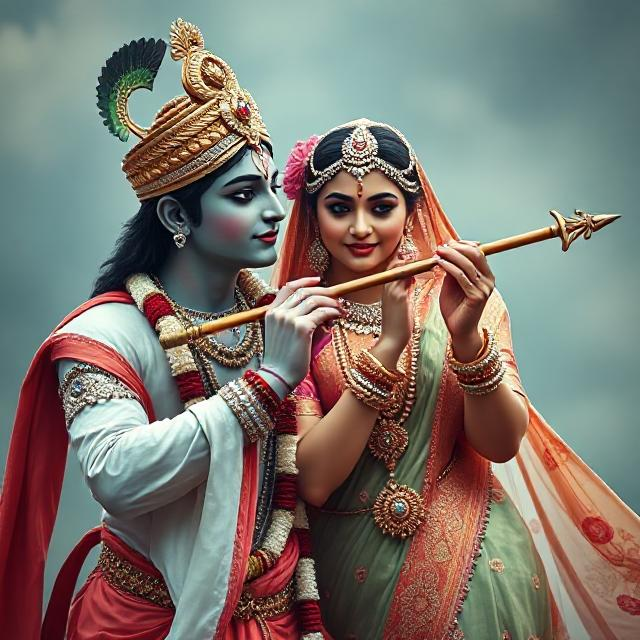 30+ Radha Krishna Photo Love 2 “Radha Krishna in divine attire, standing gracefully with Krishna playing the flute and Radha smiling with love – a serene glimpse of devotion.”