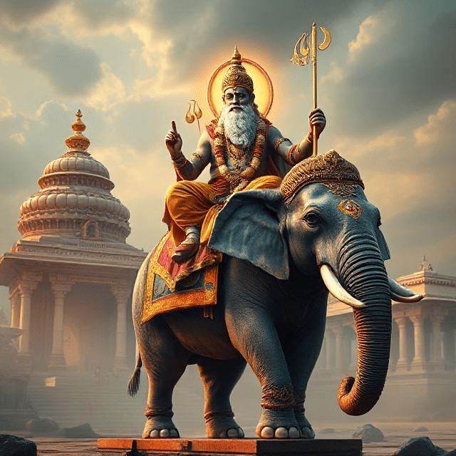 In this photo, Brihaspati Dev is sitting on his vehicle elephant. He has a weapon in his hand and divine energy is emanating from his face.