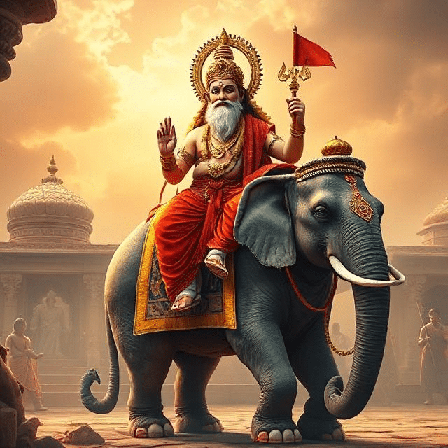 In this photo, Brihaspati Dev is sitting on his vehicle elephant. He has a weapon in his hand and divine energy is emanating from his face.