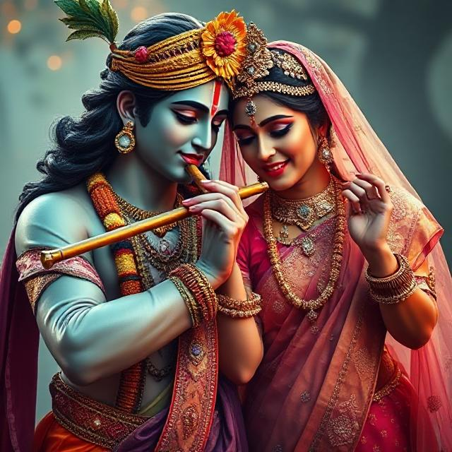 20+ Romantic Radha Krishna Photo- HD Images of Eternal Love 2 “Beautiful Radha Krishna standing together with divine expressions, Krishna holding a flute and Radha beside him in a graceful pose – a perfect glimpse of eternal love.”