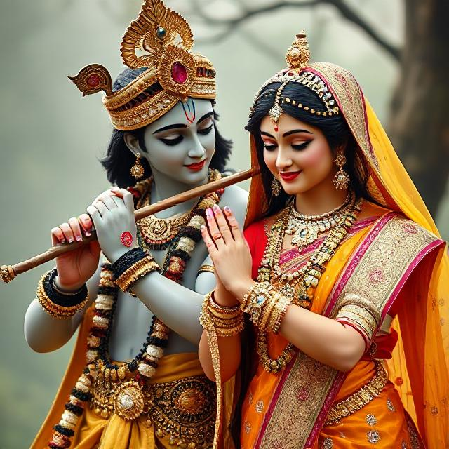 “Radha Krishna in divine attire, standing gracefully with Krishna playing the flute and Radha smiling with love – a serene glimpse of devotion.”