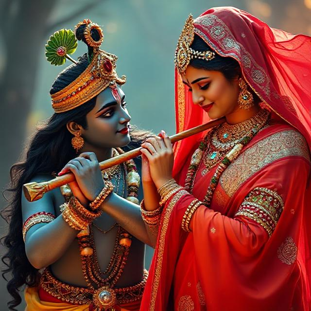 30+ Radha Krishna Photo Love 30 “Divine Radha Krishna HD image showing Krishna playing the flute while Radha stands beside him in a spiritual, peaceful posture.”