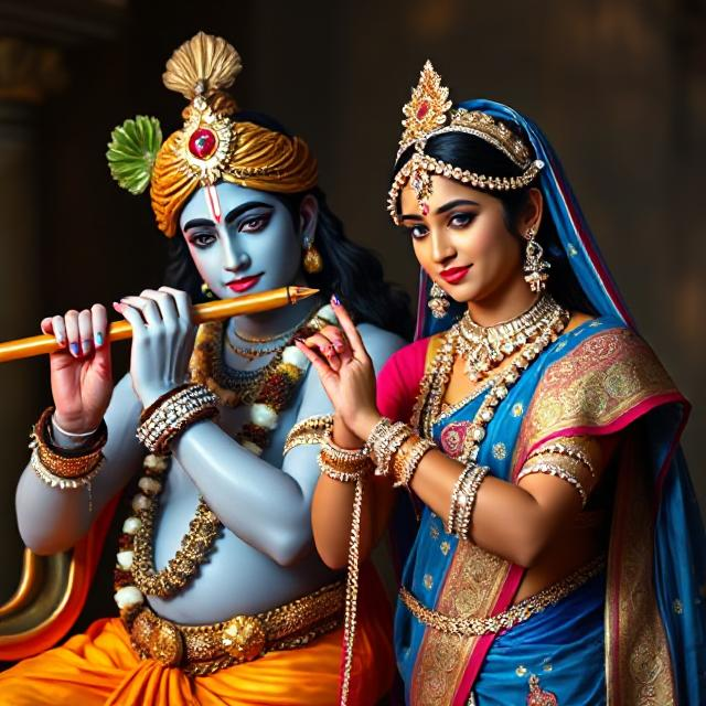 “Radha Krishna in divine attire, standing gracefully with Krishna playing the flute and Radha smiling with love – a serene glimpse of devotion.”