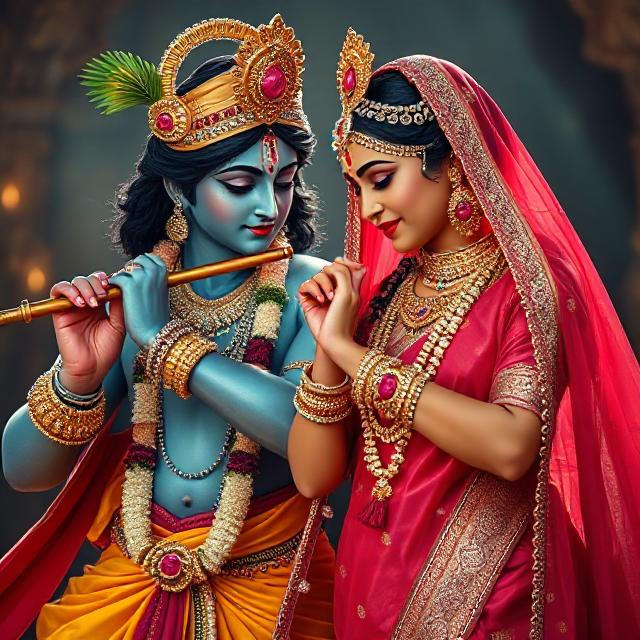 “Divine Radha Krishna HD image showing Krishna playing the flute while Radha stands beside him in a spiritual, peaceful posture.”