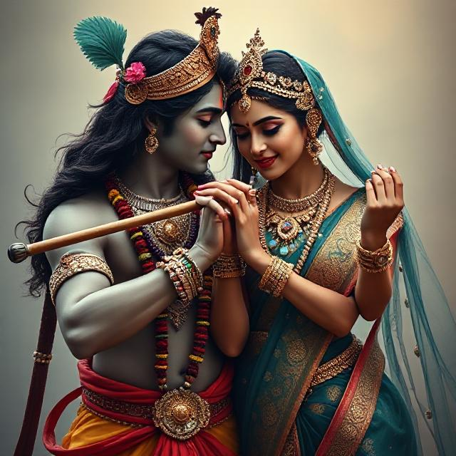 30+ Radha Krishna Photo Love 17 “Radha Krishna in divine attire, standing gracefully with Krishna playing the flute and Radha smiling with love – a serene glimpse of devotion.”
