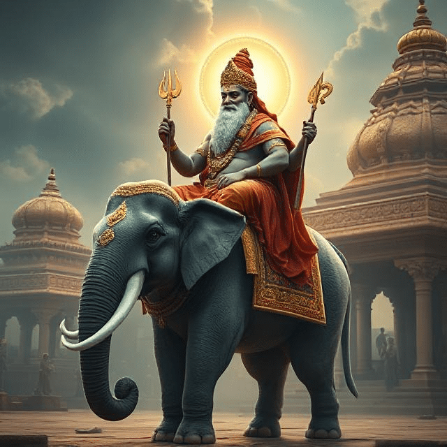 In this photo, Brihaspati Dev is sitting on his vehicle elephant. He has a weapon in his hand and divine energy is emanating from his face.