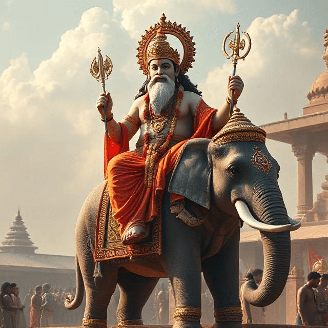 In this photo, Brihaspati Dev is sitting on his vehicle elephant. He has a weapon in his hand and divine energy is emanating from his face.