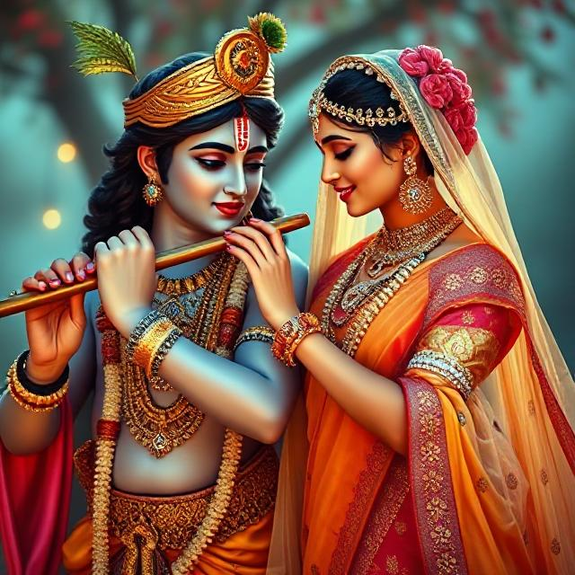 20+ Romantic Radha Krishna Photo- HD Images of Eternal Love 12 “Beautiful Radha Krishna standing together with divine expressions, Krishna holding a flute and Radha beside him in a graceful pose – a perfect glimpse of eternal love.”