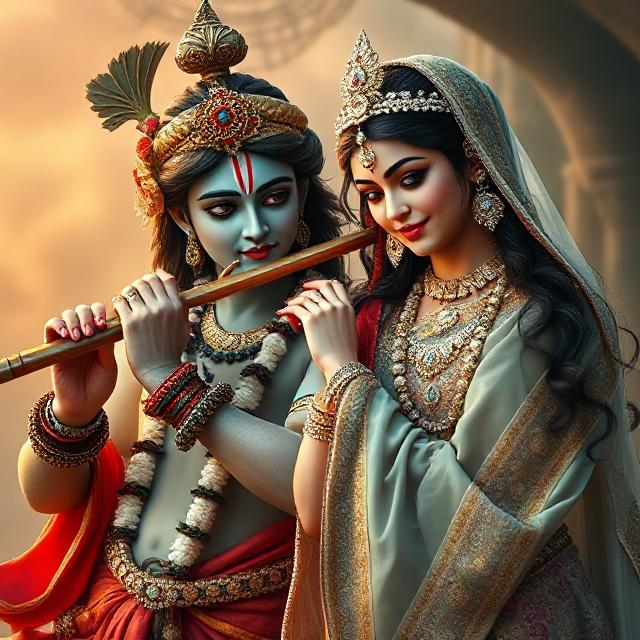 “Radha Krishna in divine attire, standing gracefully with Krishna playing the flute and Radha smiling with love – a serene glimpse of devotion.”