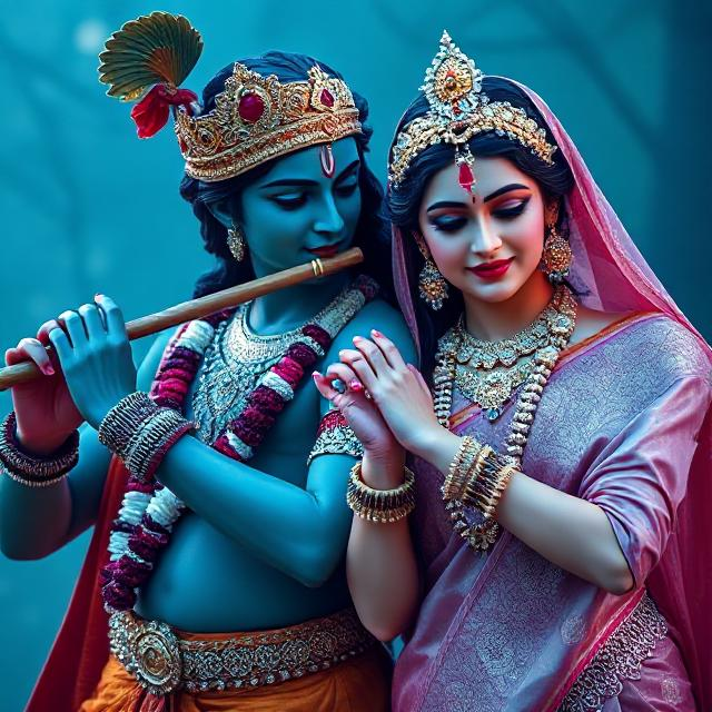 “Divine Radha Krishna HD image showing Krishna playing the flute while Radha stands beside him in a spiritual, peaceful posture.”