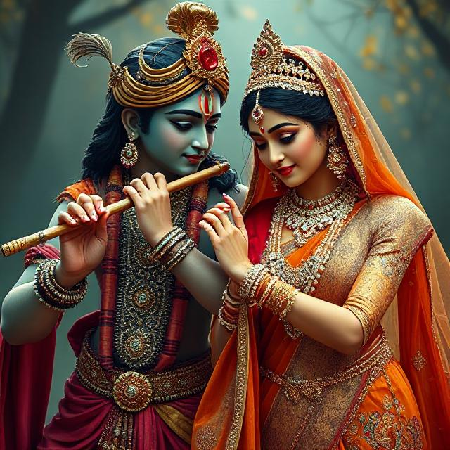 30+ Radha Krishna Photo Love 3 “Radha Krishna in divine attire, standing gracefully with Krishna playing the flute and Radha smiling with love – a serene glimpse of devotion.”
