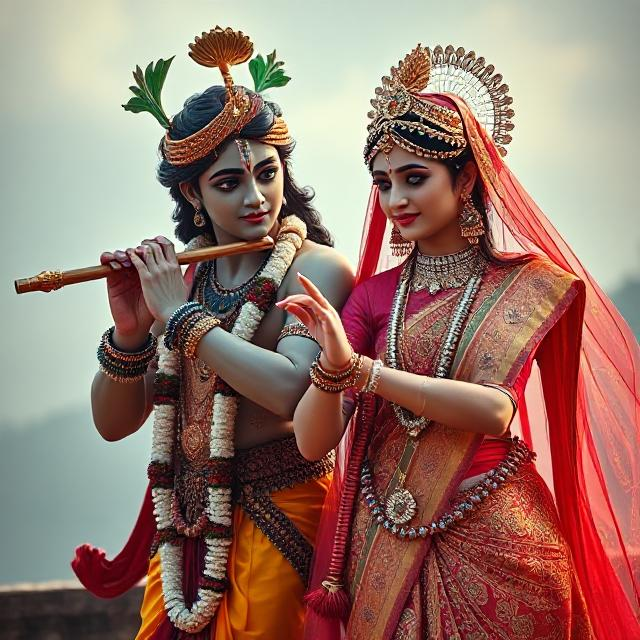 25+ Radha Krishna Real Photo: घर, मंदिर या स्टेटस के लिए बेस्ट फोटोज 3 “Radha Krishna in divine attire, standing gracefully with Krishna playing the flute and Radha smiling with love – a serene glimpse of devotion.”