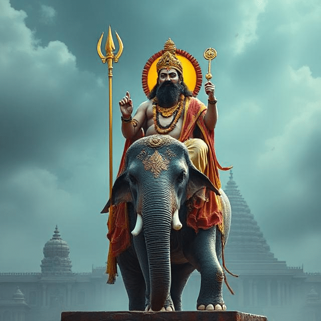 In this photo, Brihaspati Dev is sitting on his vehicle elephant. He has a weapon in his hand and divine energy is emanating from his face.